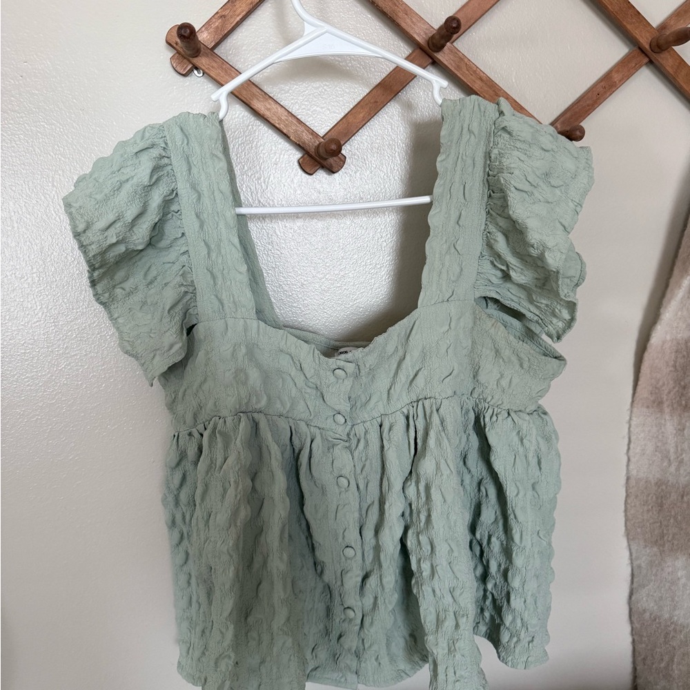 ASOS Light Green Textured Ruffle Blouse